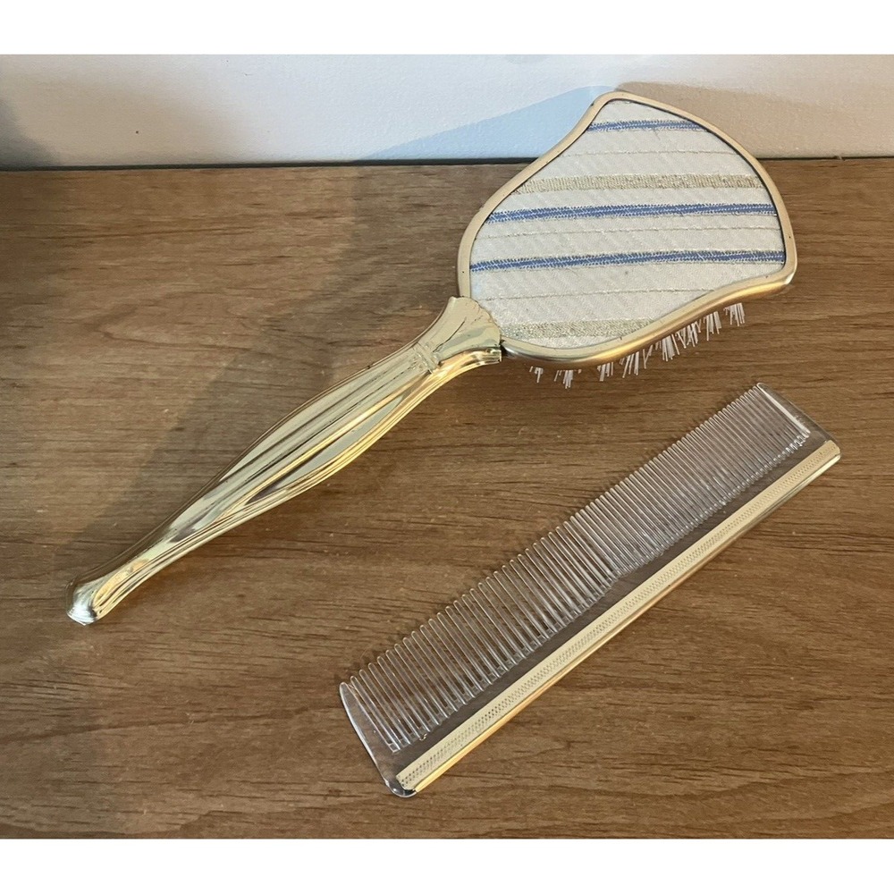Vintage 60's VANITY SET BRUSH & COMB Blue/Gold Striped Design - Nylon Brush USA
